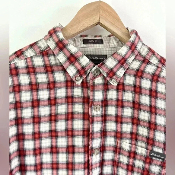 Eddie Bauer Classic Fit Red Plaid Check Collared Cotton Button Down Size Large - Picture 4 of 9